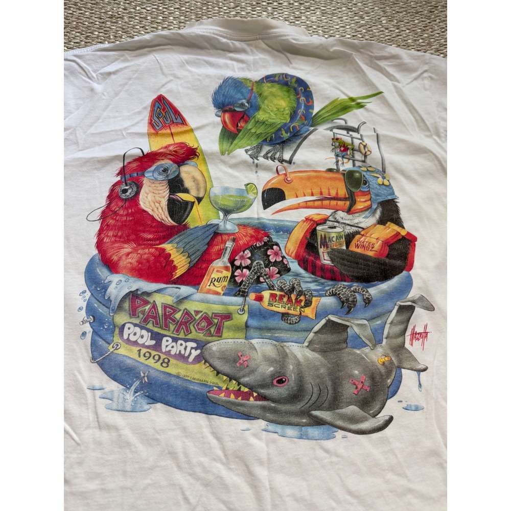 Vintage 1998 Caribbean Soul Parrot Pool Party T-Shirt White XL Mazzotta Graphic